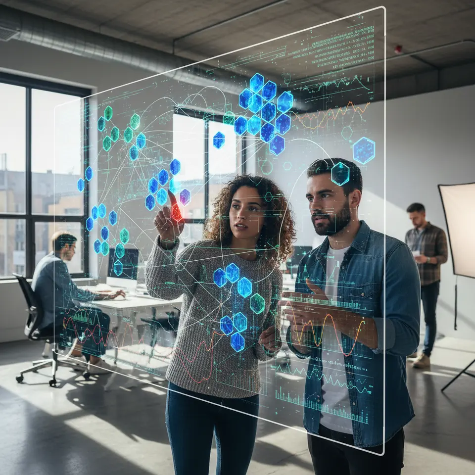 A real-time blockchain transaction network: hundreds of wallet nodes grouped into colored clusters, connected by glowing edges, with one node pulsing red as an outlier; layered digital overlays show AI components like autoencoder reconstructions and one-class SVM boundaries analyzing data streams