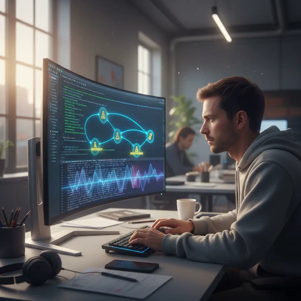 An AI-driven smart contract auditing interface: a futuristic code editor window displaying Solidity code, overlaid by a graph neural network diagram with function nodes and call-edge connections; several nodes are marked with warning icons (reentrancy, integer overflow), while dynamic analysis waves scan the bytecode in the background
