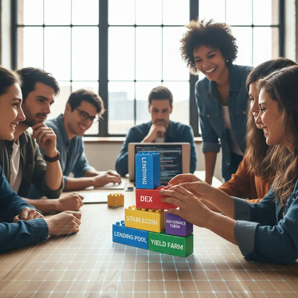 Composability as “Money Legos”: a vibrant stack of colored blocks labeled ‘Lending Pool,’ ‘DEX,’ ‘Stablecoin,’ ‘Yield Farm,’ and ‘Governance Token’ snapping together to form a modular DeFi structure on a blockchain grid background.