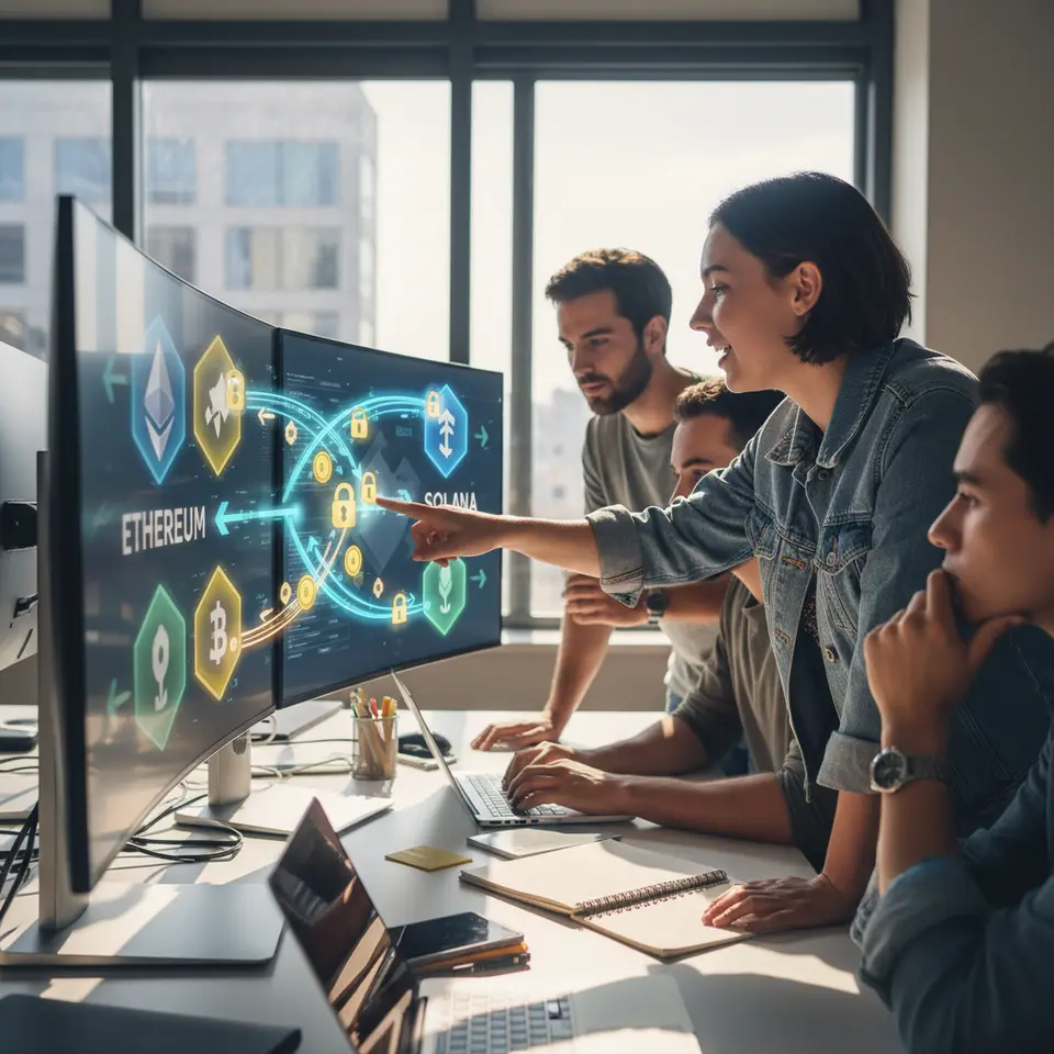 Cross-Chain Interoperability in Action: digital tokens flowing across illuminated bridges that connect stylized blockchain networks (Ethereum, Solana, BSC), with glowing arrows and secure lock icons symbolizing seamless asset transfers.