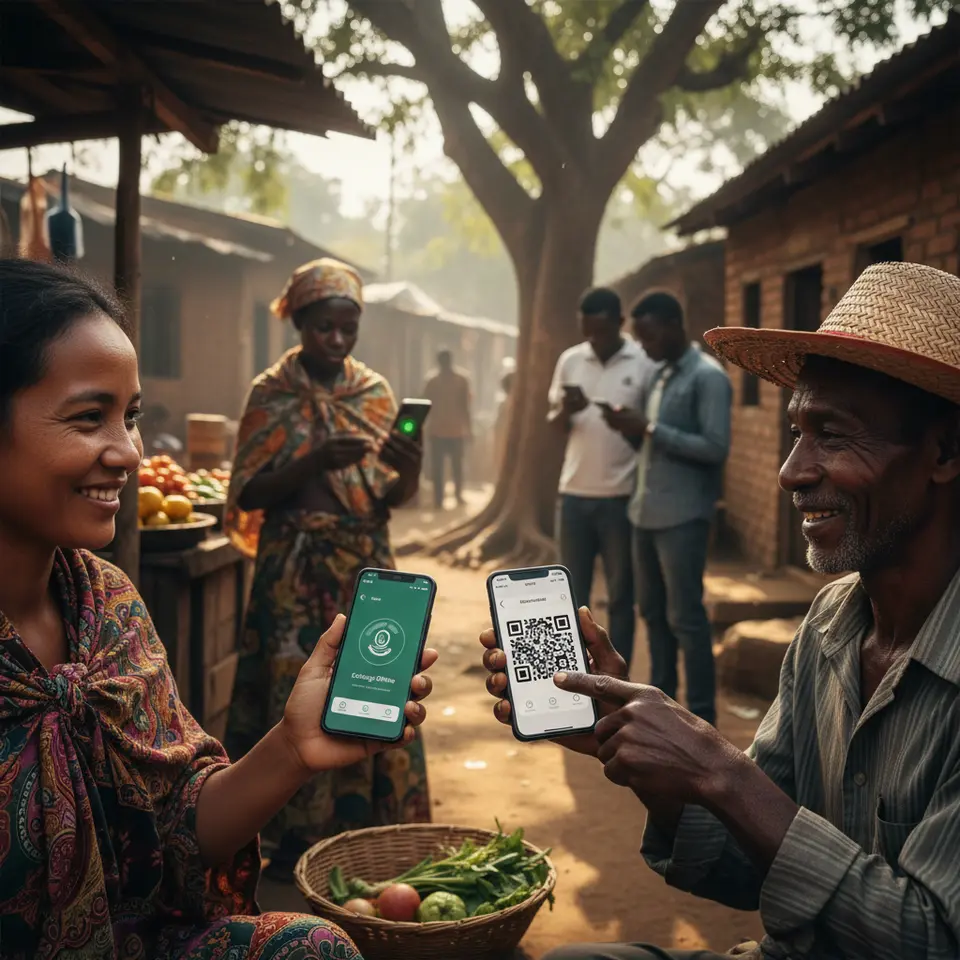 A vibrant rural village scene where diverse individuals use smartphones with CBDC mobile wallets—exchanging digital tokens offline via Bluetooth or QR code—highlighting microtransactions, peer-to-peer payments, and financial inclusion in areas with limited connectivity.