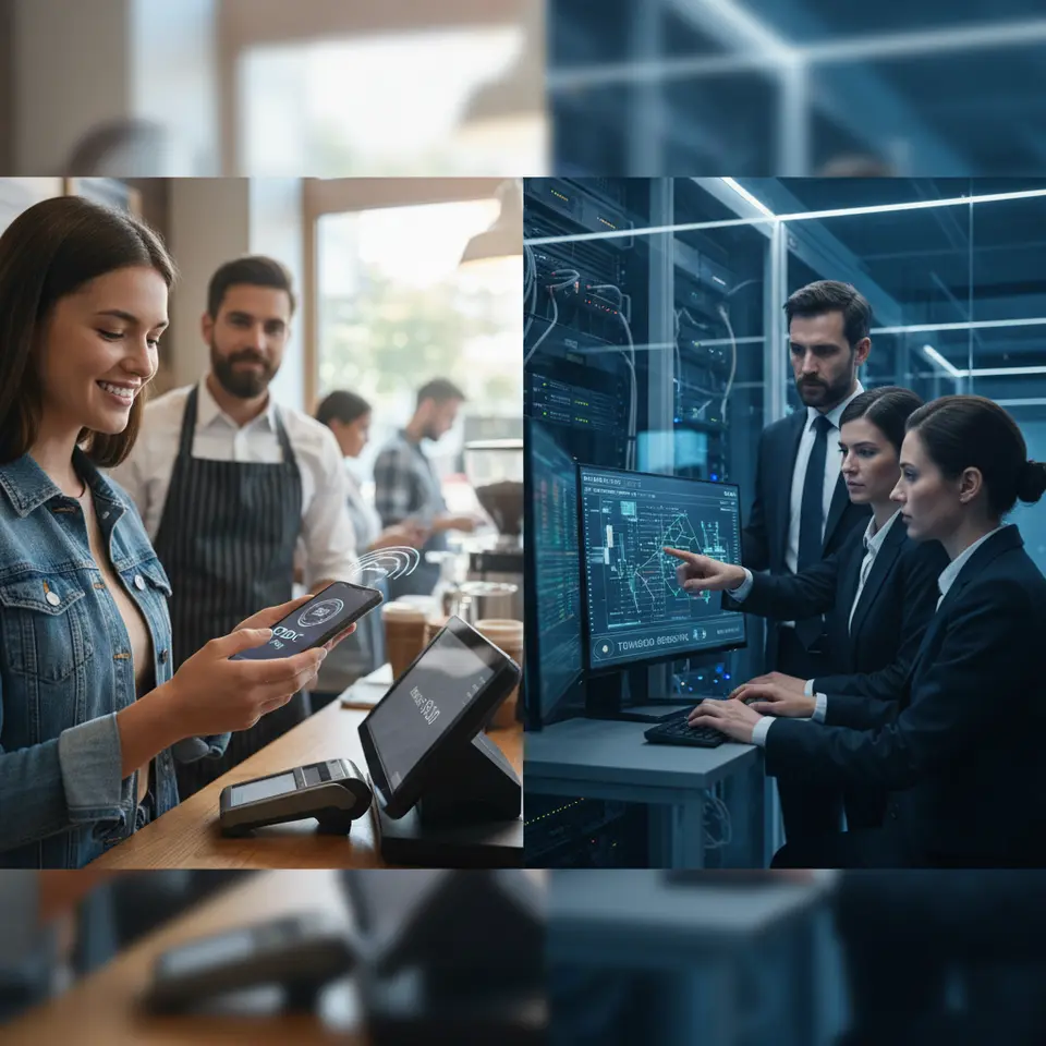A split-screen illustration contrasting retail versus wholesale CBDC models: on one side, a consumer tapping their phone at a contactless point-of-sale terminal; on the other, bankers in a secure data-center environment settling large, tokenized central bank reserves over a permissioned ledger network.