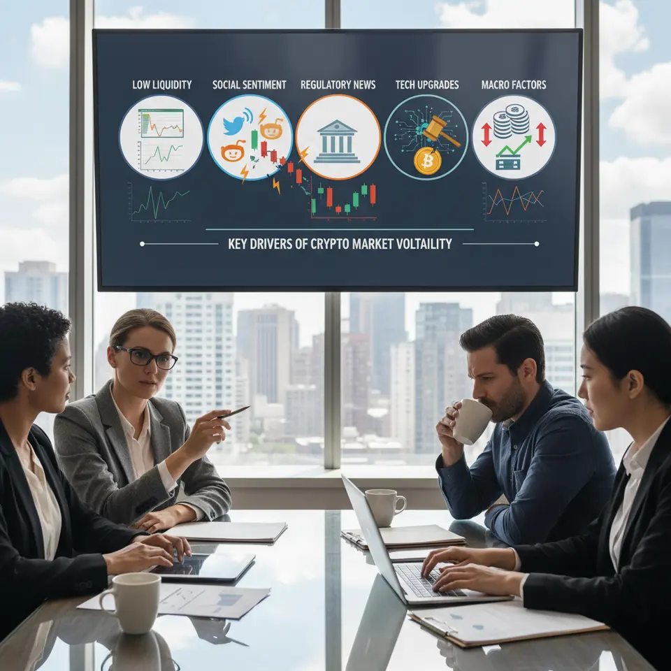 An infographic showing the five key drivers of crypto market volatility: a thin order book representing low liquidity, stylized social media icons (Twitter, Reddit) sending shockwaves through price charts, a government building icon dropping a regulatory gavel on a coin, a blockchain node lighting up during a network upgrade, and U.S. Federal Reserve symbols with interest-rate arrows influencing a fluctuating crypto price line.