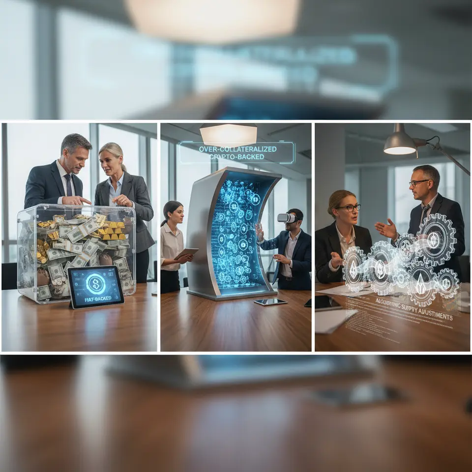 Three main types of stablecoins illustrated side by side: a bank vault brimming with fiat currency behind a digital token labeled 'fiat-backed', a futuristic crypto vault overflowing with digital coins representing over-collateralized crypto-backed stablecoins, and a set of smart contract gears dynamically expanding and contracting a stream of tokens to symbolize algorithmic supply adjustments.