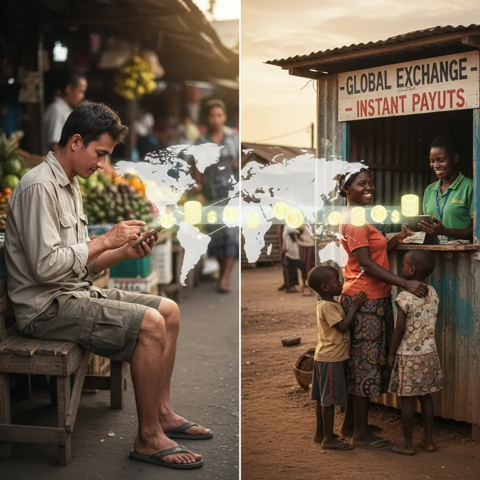 A cross-border remittance scenario: a migrant worker tapping a smartphone screen as local currency morphs into stablecoin icons, sending them across a stylized world map to family members in another country who receive and convert the stablecoins at a local kiosk or exchange.